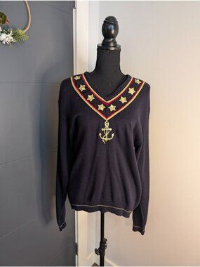 Vintage JH Collectibles Navy Nautical Sweater With Gold Anchor & Star Embroidery